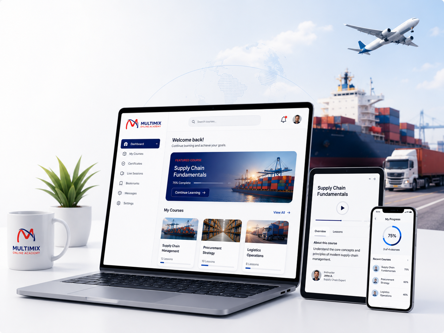 Multimix Online Academy platform on laptop, tablet and phone, with logistics industry imagery